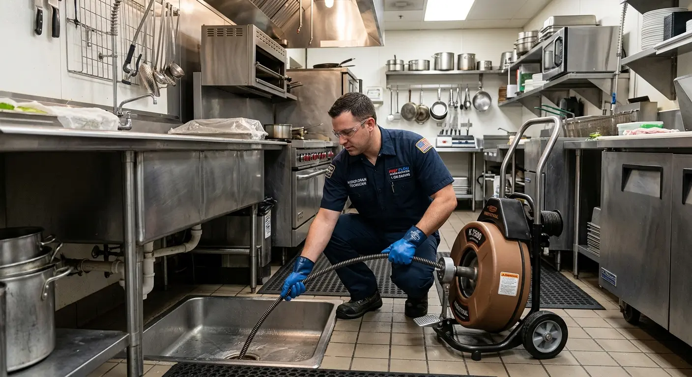 Commercial drain cleaning service in a restaurant kitchen in Murillo