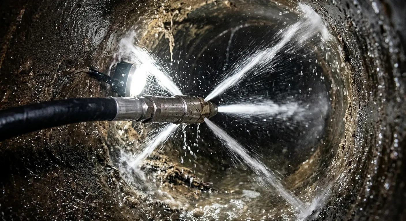 High-pressure hydro jetting nozzle cleaning sewer pipe for Emergency Drain Service in Murillo