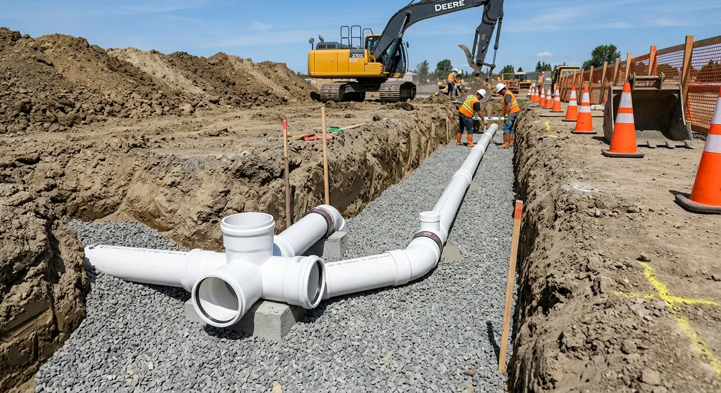 New PVC sewer pipe installation in open trench for Sewer Backup in Murillo