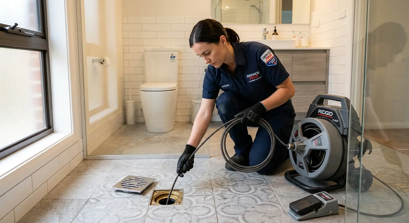 Technician clearing a bathroom floor drain for Drain Cleaning in Murillo